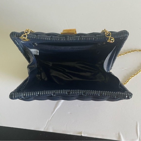 Vintage Au Courant Woven Basket Shoulder Purse Navy Blue w/ Gold Details - Picture 14 of 16
